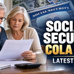 Senior couple reviewing Social Security benefits with COLA 2027 update graphic